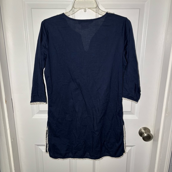 Gretchen Scott Navy Tunic Dress XS Embroidered Lace Trim Cotton Boho Cover Up - Picture 5 of 6